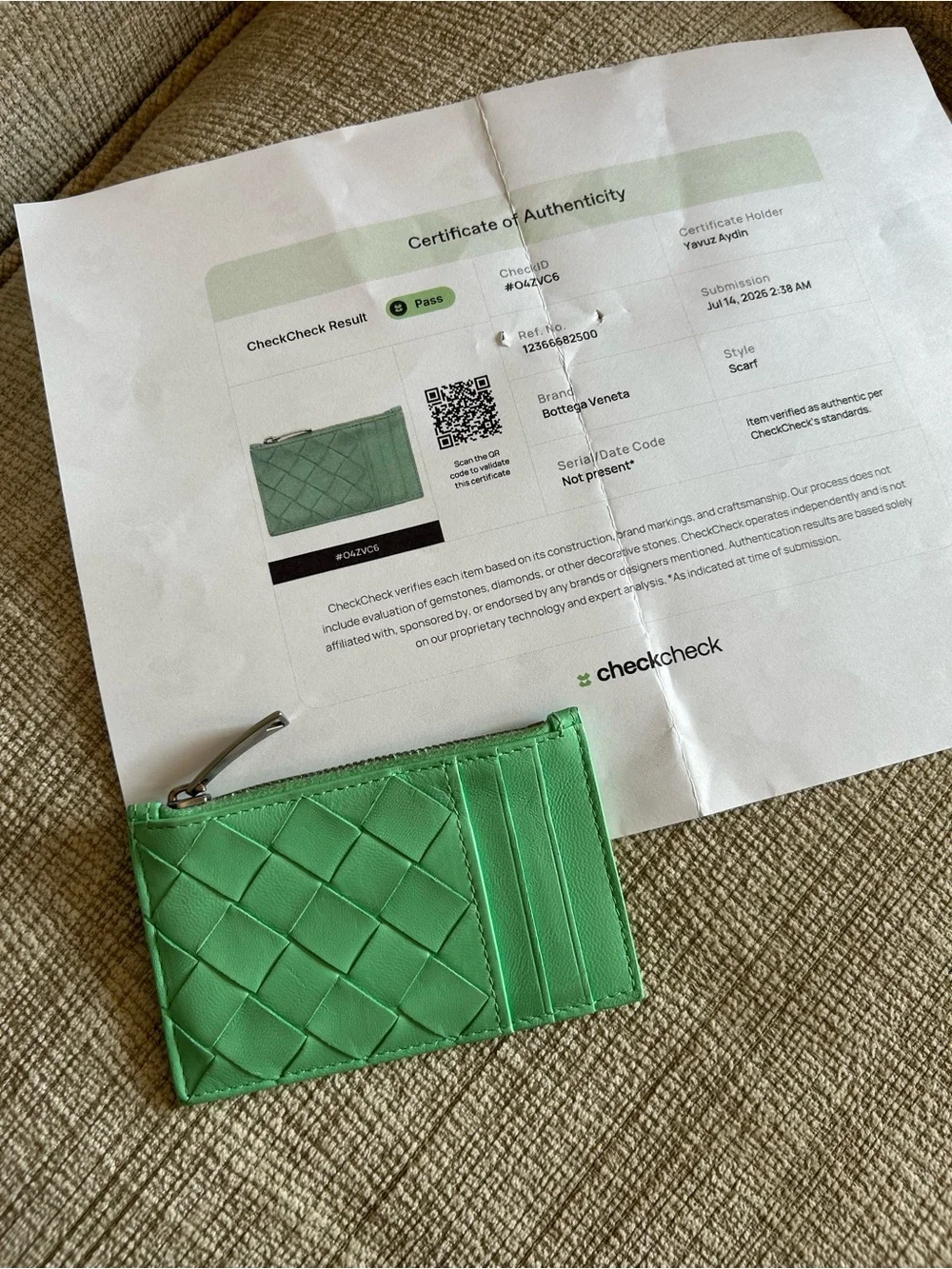 Bottega Veneta Mint Green Intrecciato Leather Card Case with Zip